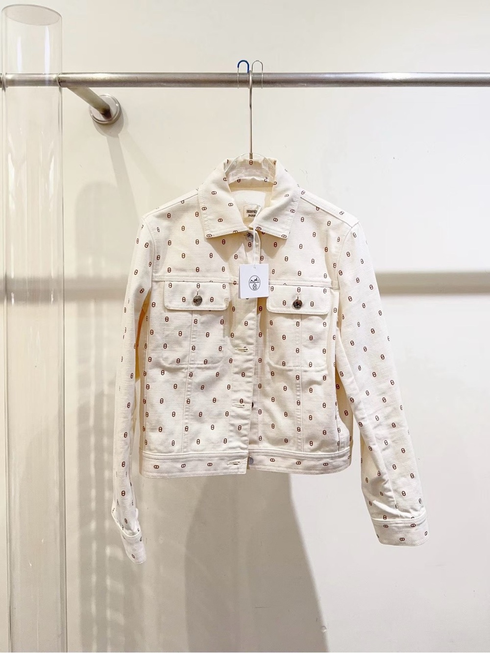 Hermes Cream Jean Jacket with Brown Logo Pattern